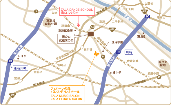 ZALA 教室・スタジオ周辺広域地図（お車でお越しの方向け地図）